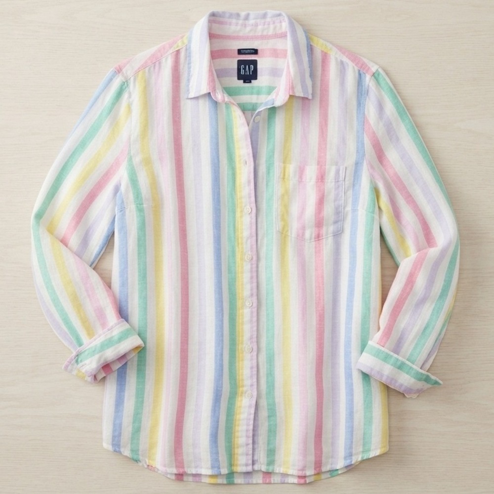 GAP linen Boyfriend Shirt s Pastel Rainbow Stripe Button Down coastal oversized